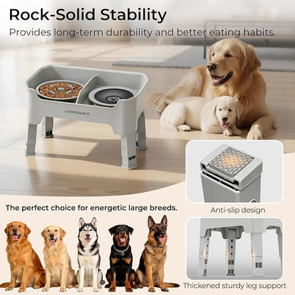 URPOWER Mess Proof Elevated Dog Bowls 4 Height Adjustable Raised Stand with No Spill Water Bowl and Slow Feeder Dog Bowls Non-Slip Food and Water Bowl Set for Small, Medium & Large Dogs