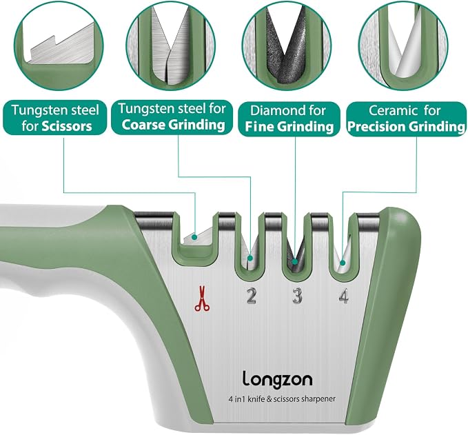 Longzon 5-in-1 Knife Sharpener 4 Stage with Cut-Resistant Glove, Quickly Sharpens & Restores Dull Blades, Easy & Safe for Home Kitchen Use, Fits Most Knives and Scissors, Gray+Green
