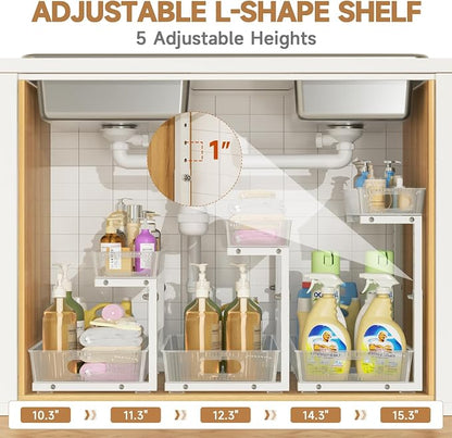 ETOYA 2 Pack Under Sink Organizer Kitchen, 2-Tier Pull Out Cabinet Organizer, L-Shaped Adjustable Height, Acrylic Under Sink Storage Shelf for Kitchen, Bathroom Vanity & Utility Closet