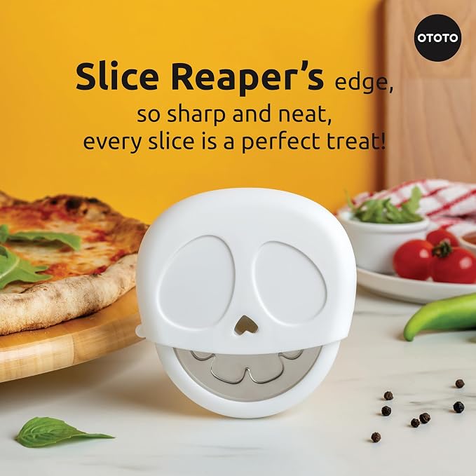 NEW - OTOTO Slice Reaper Pizza Cutter Wheel - Funny Gifts, Grim Reaper Halloween Gifts Cute Kitchen Accessories, Pizza Slicer with Cover, Kitchen Gothic Spooky Gifts, Stainless Steel Handheld (Skull)