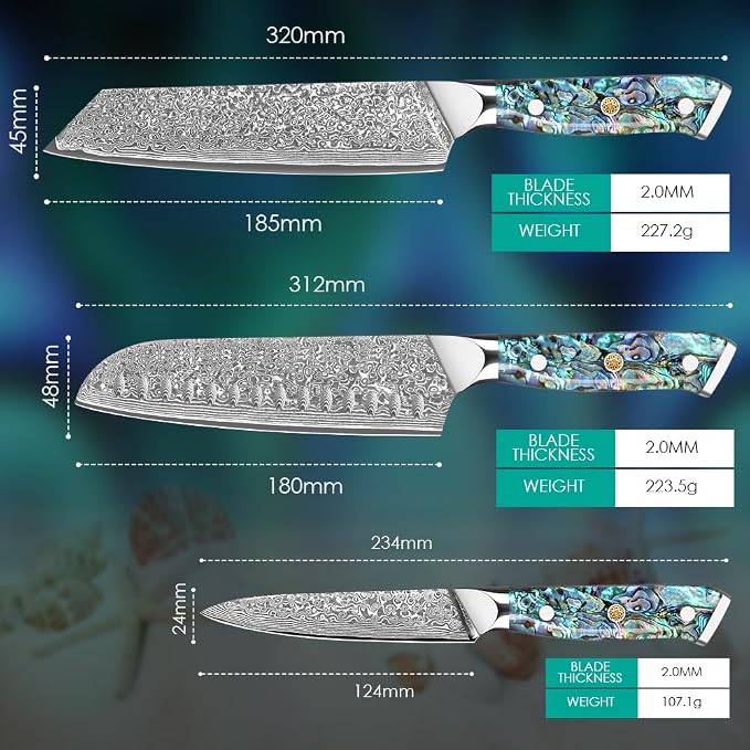 Home Safety Damascus Knife Set of 3, 12.4-19cm Chef's Knife Set Made of 67 Layers of VG-10 Damascus Steel, Santoku Knifves, Kiritsuke Knife with Ergonomic Abalone Shell Handle, Gift Box