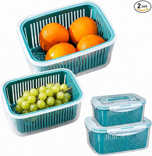 2 Pack Fruit Storage Containers for Fridge,Stackable Fresh Food Produce Saver Containers with Removable Colander, Vegetable Lettuce Keeper Bowl(Blue)