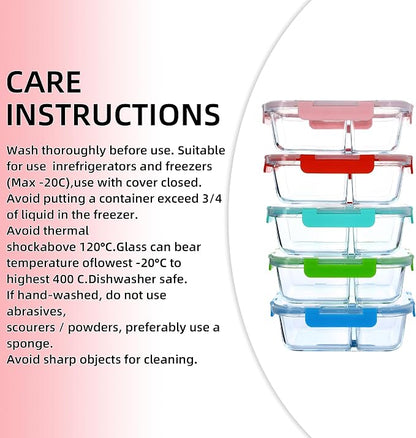 5 Pack 30oz Glass Meal Prep Containers - 2 Compartment Glass Food Storage Containers with Lids, Airtight Bento Boxes, Oven, Freezer & Dishwasher Safe