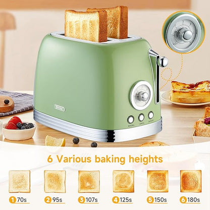 Wiltal Green Cute Retro Toaster 2 Slice with 1.58" Wide Slots, with Stainless Steel Lid, with Warming Rack, Preheat, Defrost, Countdown Timer Display