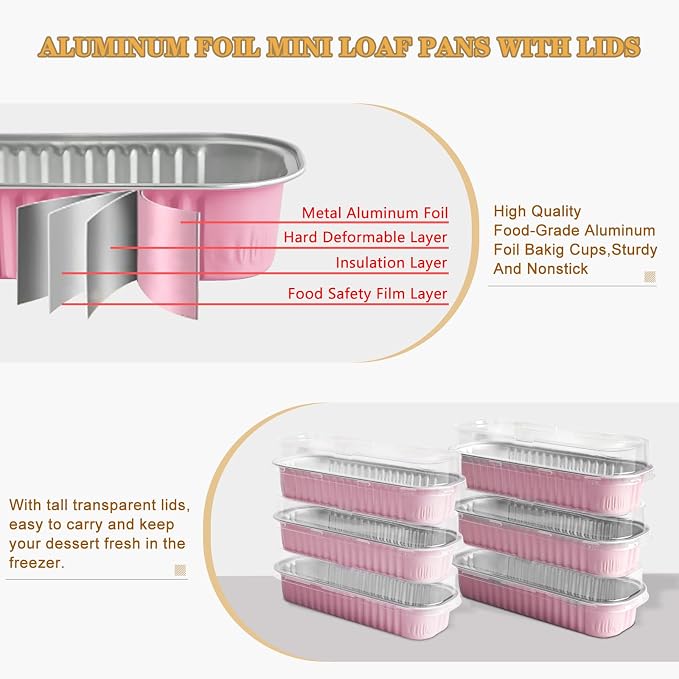 50 Pack Mini Cake Pans with Lids and Spoons, Mini Loaf Baking Pans 6.8oz, Small Disposable Aluminum Foil Loaf Pans, Rectangular Baking Containers for Party and Picnics, Cheesecake Pans (Pink)