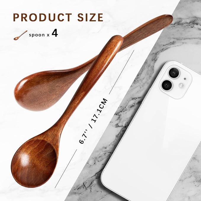 4 PCS Wooden Spoons for Honey, 6.7 inch Small Wooden Spoons - Terrific for Tea, Coffee & Soup, Little Wood Serving Table Spoon Set, Bulk Bamboo Teaspoon for Eating with Unique Design
