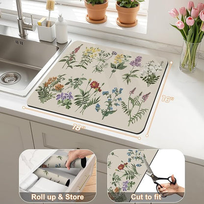LOKHOM Dish Drying Mat for Kitchen Counter, 16"x18" Absorbent Coffee Bar Mat with Vintage Sage Flower Herbs, Dish Drainer Rack Mat for Kitchen Counter