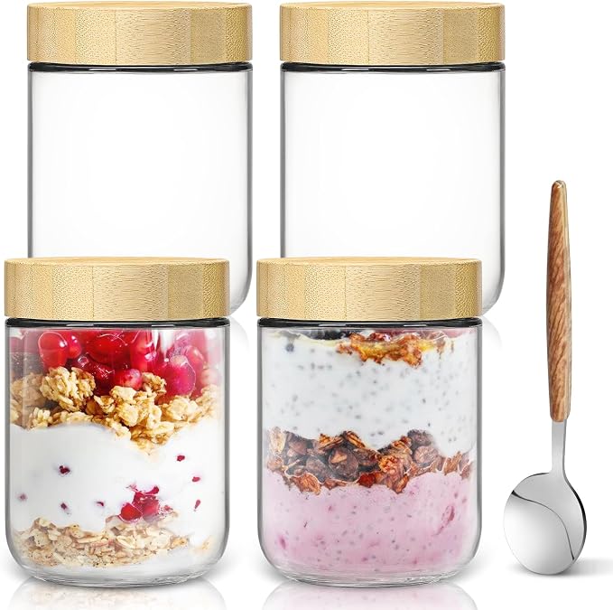 16oz Overnight Oats jars 4 Pack,Overnight Oats Containers with Bamboo Lids for Meal Prep,Wide mouth Mason Glass Salad Jars with Spoons,Glass Food Storage Container for Yogurt Chia Pudding Spice Sugar