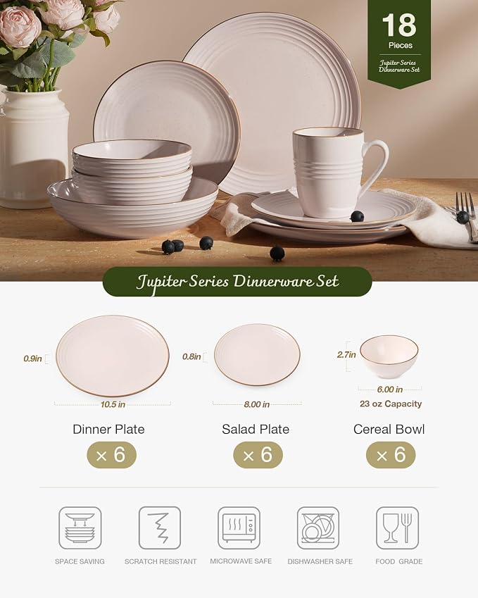 Famiware Jupiter 18-Piece Stoneware Dinnerware Sets for 6 – Handcrafted Plates and Bowls with Speckles & Embossed Swirls, Chip & Scratch Resistant, Modern Rustic Dishes for Daily & Formal Use, Pink