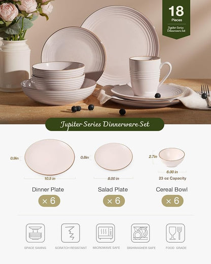 Famiware Jupiter 18-Piece Stoneware Dinnerware Sets for 6 – Handcrafted Plates and Bowls with Speckles & Embossed Swirls, Chip & Scratch Resistant, Modern Rustic Dishes for Daily & Formal Use, Pink