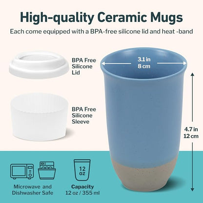 NOVA CERAMICS Travel Mug - Ceramic Coffee Mug With Lid – Microwave & Dishwasher Safe Coffee White & Grey Tumbler - Fits In Cup Holder – 12oz – Coastal Drift