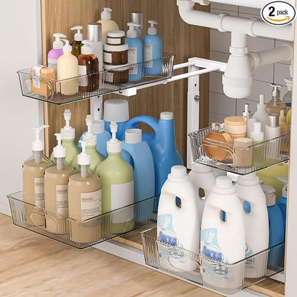 ETOYA 2 Pack Under Sink Organizer Kitchen, 2-Tier Pull Out Cabinet Organizer, L-Shaped Adjustable Height, Acrylic Under Sink Storage Shelf for Kitchen, Bathroom Vanity & Utility Closet