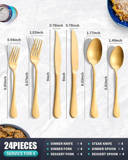 Matte Gold Silverware Set with Steak Knives,Stainless Steel Flatware Set for 6,Modern Cutlery Utensils Set,Spoons and Forks Set for Restaurant,Dishwasher Safe (Gold, 24 Piece Set)