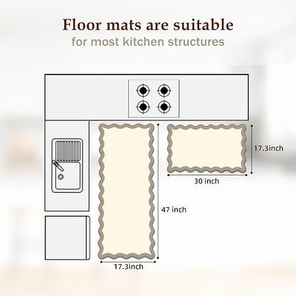 Arenarug Scalloped Kitchen Mats Rugs Sets of 2 Cushioned Anti Fatigue Floor Mat Waterproof Kitchen Rugs Non Slip Foam Comfort Standing Mat for Sink Laundry, Khaki