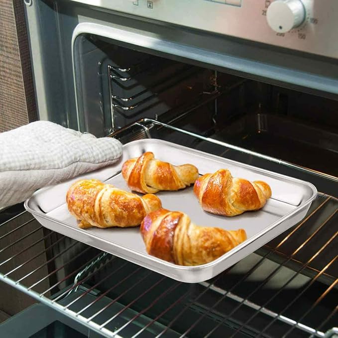 TeamFar 9'' x 7'' x 1'' Toaster Oven Pan with Rack Set of 4, Stainless Steel Compact Toaster Ovenware Pan with Cooling Rack, Healthy & Heavy Duty, Easy Clean & Dishwasher Safe, (2 Pans + 2 Racks)