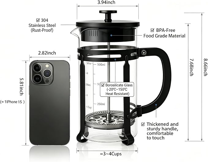 21oz French Press Coffee Maker, Thickened Borosilicate Glass & 304 Stainless Steel Double Mesh Filter. Cold Brew & Tea Brewer for Travel Camping, Kitchen Decor, Bar Accessories Gift (BLACK)