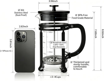 21oz French Press Coffee Maker, Thickened Borosilicate Glass & 304 Stainless Steel Double Mesh Filter. Cold Brew & Tea Brewer for Travel Camping, Kitchen Decor, Bar Accessories Gift (BLACK)