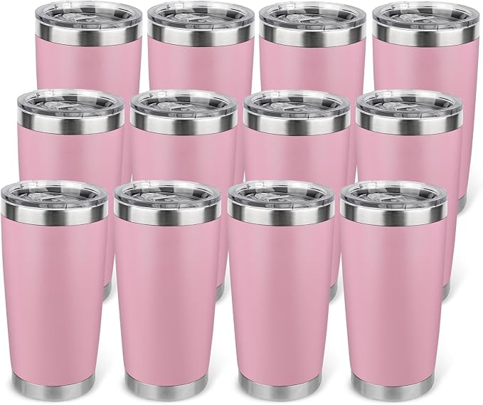 20oz Stainless Steel Tumbler Bulk with Lid, Travel Mug - Double Wall Vacuum Powder Coated Cup - Light Pink, 12 Pack