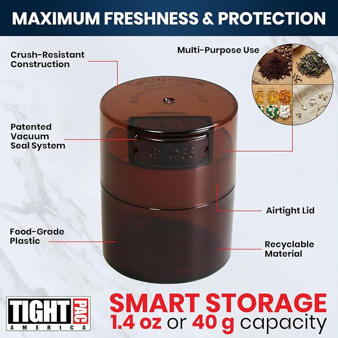TIGHTPAC MINIVAC Portable Vacuum Seal Airtight Container – Keeps Coffee Beans, Grounds, Tea, Spices & Herbs Fresh Longer – Travel-Ready, NSF-Certified Food-Grade Storage, 10 to 30 Grams, Coffee Tint