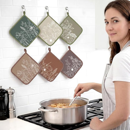 Bencailor 12 Pcs Pot Holders with Pocket Kitchen Hot Potholders Hot Pad Oven Mitts Cookie Bag Oven Gloves for Kitchen Gift Baking Cooking (Morandi,Wildflower)