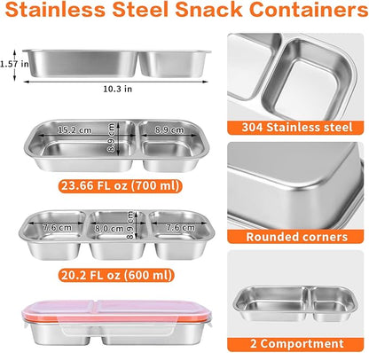 4 Pack Stainless Steel Lunch Containers with Lids, 2-Compartments Snack Container & Lunch Box, Reusable Clear Lid Snack Containers Set, Meal Prep Lunch Box (24 oz / 700ml)