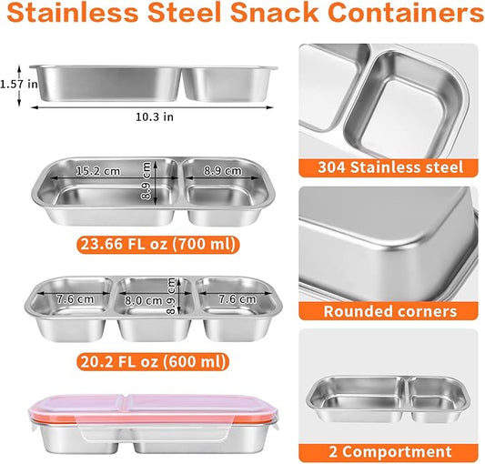 4 Pack Stainless Steel Lunch Containers with Lids, 2-Compartments Snack Container & Lunch Box, Reusable Clear Lid Snack Containers Set, Meal Prep Lunch Box (24 oz / 700ml)