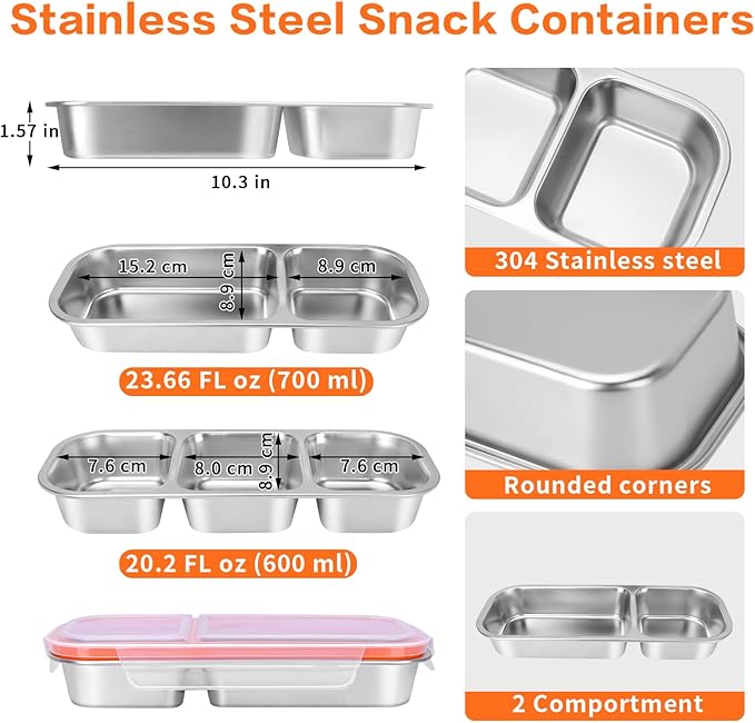 4 Pack Stainless Steel Snack Containers with Lids, 3 Compartments Reusable Snack Box for Adults, Food Storage Metal Containers Divided Meal Prep Box for Home, Work, Travel