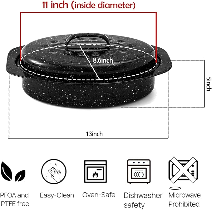 13” Enamel Roaster With Lid Oval Roasting Pan For Oven,Turkey Roaster Pot Broiler Pan Chicken Vegetables Suitable For Dining With Two People High Cookware Small Baking Pan