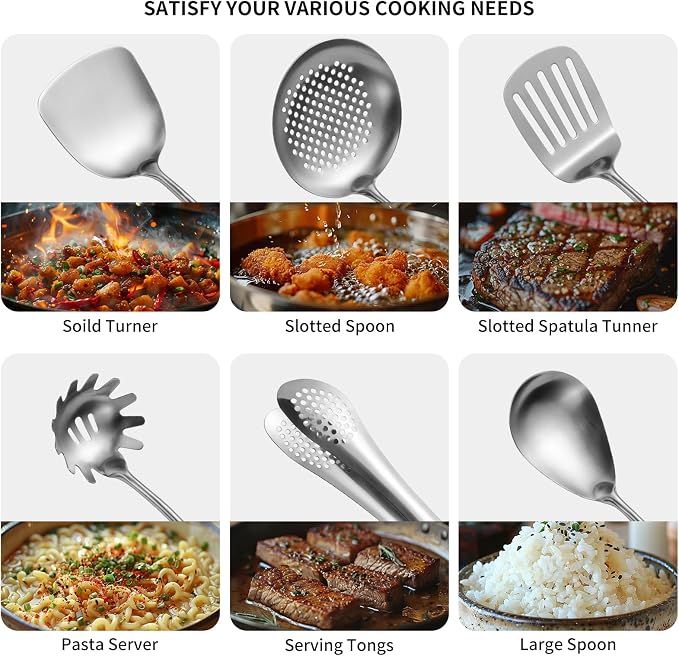 304 Stainlss Steel Kitchen Utensils Set, 11 Pcs Long Metal Cooking Utensil Gadgets Tools Set with Spatula, Ladle, Spoon, Ladle, Skimmer, Tunner, Pasta Server, Tongs(Silver, Dishwasher Safe)