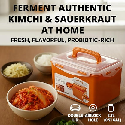 Probiotic Kimchi & Sauerkraut Container for Fresh Fermentation | Airtight Food Storage with Inner Vacuum Lid, (2.7 L) (0.71gal)