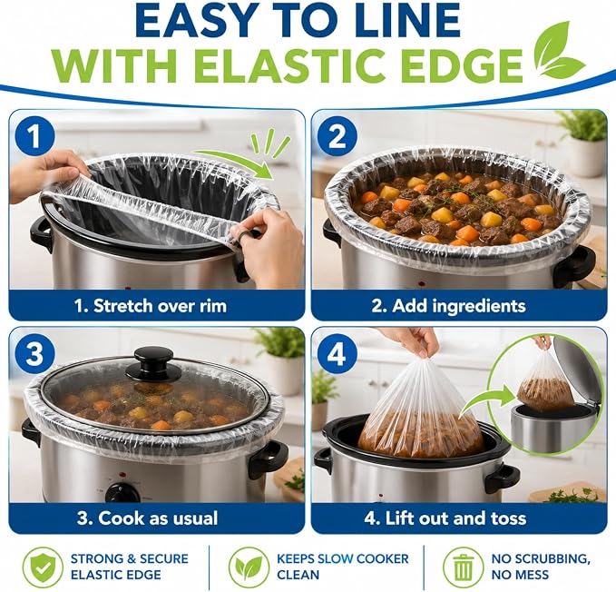 Maxdot 50 Pcs Slow Cooker Liners with Elastic Band Large 13" x 21" Cooking Bags Disposable Pot Liners Fit 3 Qt to 6.5 Qt Large Slow Cooker Cooking Bags Suitable for Oval and Round Pots