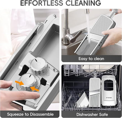 [All in 1] Vegetable Slicer with Adjustable Thickness, Easy to Clean Potato Mandoline Slicer with Container, Rapid Prep Veggie Cutter/Onion Slicer, Free Grater/Cleaning Brush (SliverGray)