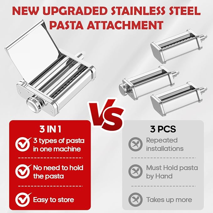 Stainless Steel Pasta Attachment for KitchenAid Stand Mixer, 3-in-1 Pasta Maker with Pasta Roller, Spaghetti & Fettuccine Cutters, Food-Grade KitchenAid Pasta Attachment for Homemade Noodles