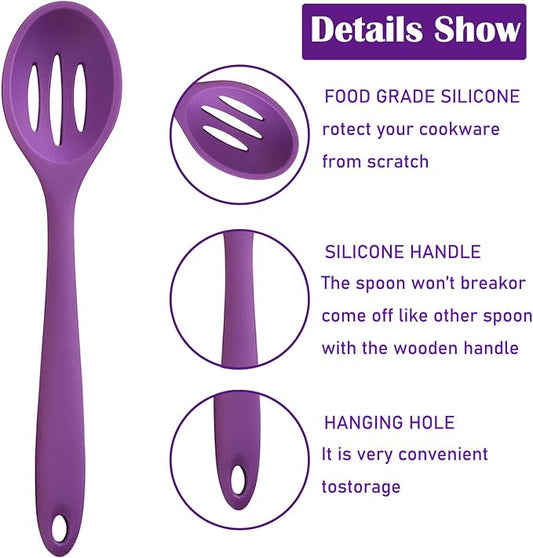 Linwnil 4 Pieces Silicone Slotted Spoons,10.6 Inch Nonstick Mixing Serving Spoons for Kitchen Cooking Bake Stir Draining Tool (4, Purple)