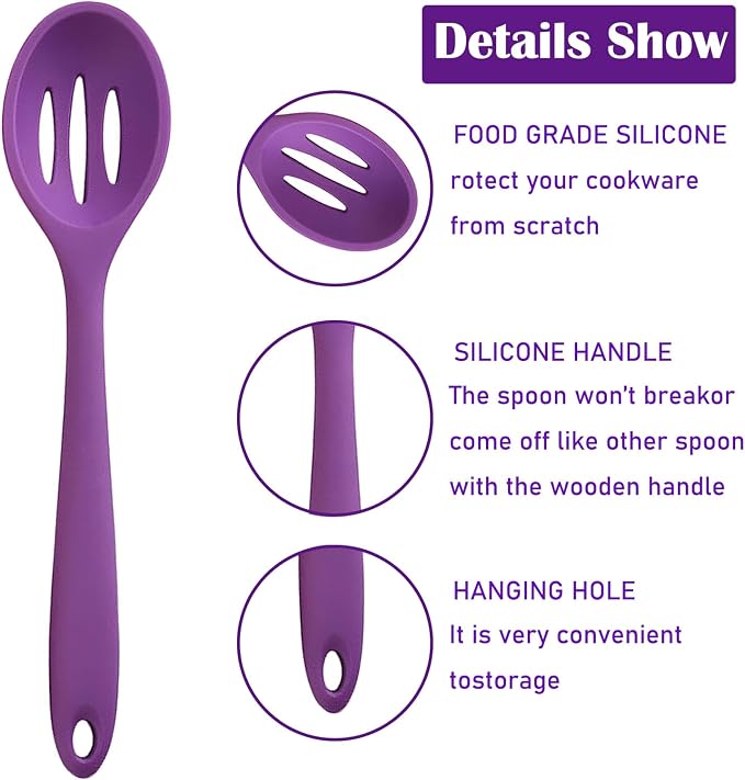 Linwnil 4 Pieces Silicone Slotted Spoons,10.6 Inch Nonstick Mixing Serving Spoons for Kitchen Cooking Bake Stir Draining Tool (2, Purple)