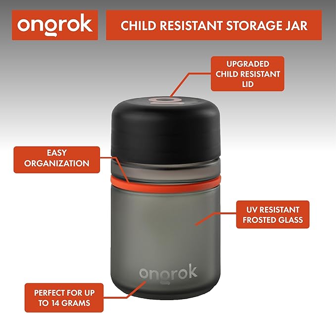 ONGROK Glass Storage Jar, 180ml, 3 Pack | UV Herb/Spice Jar with Child‑Resistant Lid, Color‑Coded Glass Containers to Preserve Smell and Aroma