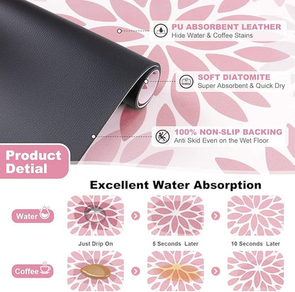 Findosom Floral Dish Drying Mat, 12" x 20" Super Absorbent & Hide Stain Coffee Mat, Cuttable Drying Mat for Kitchen Counter, Under Dish Rack, Coffee Maker, Espresso Machine, Pink