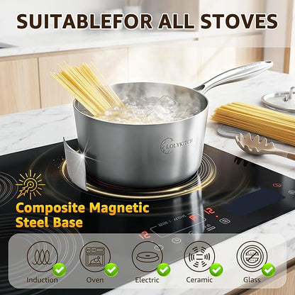 LOLYKITCH Tri-Ply Stainless Steel Saucepan Set with Glass Lids, 1 & 2 & 3QT Cooking Pots, Uncoated Heavy Bottom Metal Sauce Pans for Induction Cooktop, Ergonomic Handle