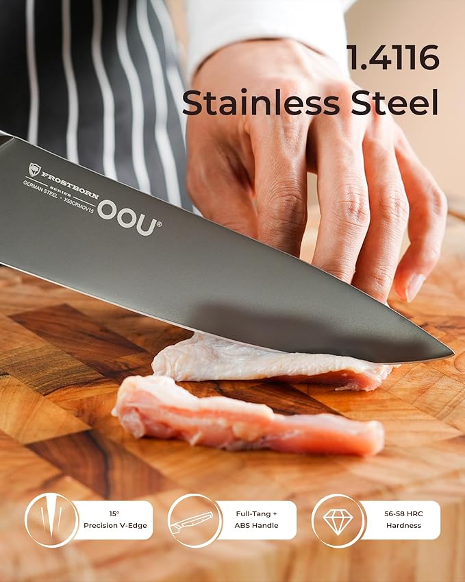 OOU 8 Inch Chef Knife, German 1.4116 Stainless Steel Kitchen Knife, Gunmetal Blade with AgShield & TinSharp Finish, Balanced ABS Handle, Sharp Cooking Knife for Meat, Vegetables and Daily Prep