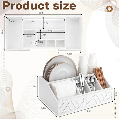 Paper Plate Dispenser Extendable, Paper Plate Holder for Kitchen Counter Wood Silverware Utensil Caddy Cutlery Flatware Organizer Box for Cups Spoons Forks Kitchen Accessories (White)