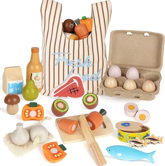 Lehoo Castle Wooden Play Food Sets for Kids Kitchen, Food Toys for Toddlers 1-3, Pretend Food Play Kitchen Accessories, Cutting Fruits Vegetables Cooking Toys Gift for Boys Girls 3 4 5 +