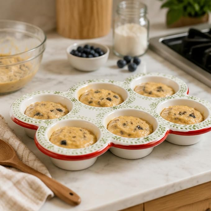 Hiceeden 2 Pack Ceramic Muffin Pans, 6 Cup Non-Stick Muffin Tin Cupcake Pan, Floral Baking Pans with Red Rim for Puddings, Muffins, Cakes, Quiches, Brownies