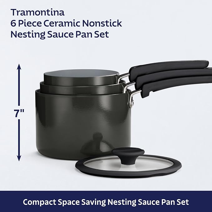 Tramontina Ceramic Non Stick 6-Piece Nesting Sauce Pan Set with Lids - Stackable Nonstick Cookware Set, Dishwasher and Oven Safe, Dark Gray