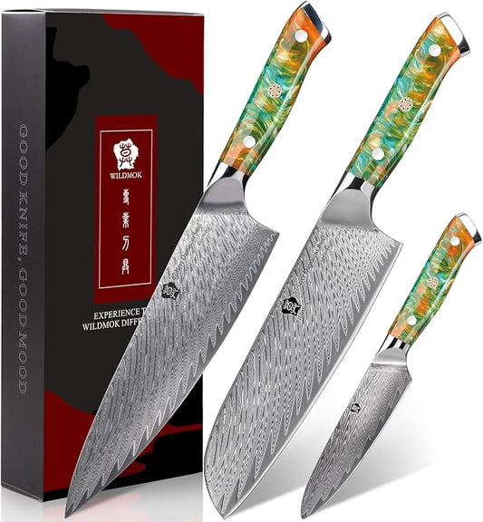 WILDMOK Damascus Kitchen Knife Set, Chef Knife Set, Sharp Damascus Steel Forged Blade Kitchen Knives Set with Ergonomic Resin Handle
