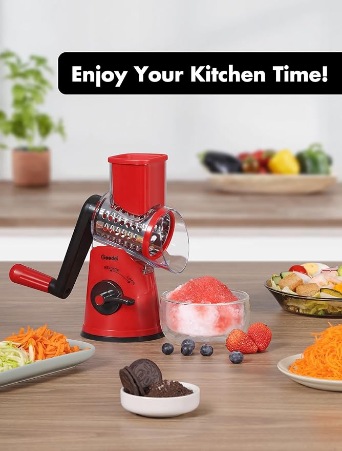 Geedel Rotary Cheese Grater Cheese Shredder - Upgraded 5-in-1 Cheese Grater with Handle and Strong Suction Base, Multi-purpose Vegetable Slicer Ice Shaver Nuts Grinder for Cheese, Vegetables, Ice