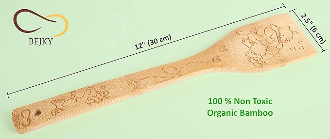 Bejky 6-Pcs Wooden Bamboo Spoons Set - Organic Food Cooking Utensils - Kitchen Accessories and Home Decor - Cookware Gifts for Women - Easy Wash Spatulas - 3D Engraved Patterns (Winnie the Bear)