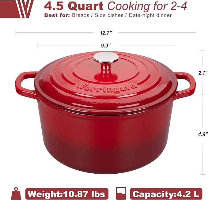 VORRINGARD Enameled Cast Iron Dutch Oven Pot with Lid, for Sourdough Bread Baking, Round Dutch Ovens, 4.5 Quart, Red