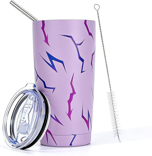 Glowvibe Kpop Cup - Purple Lightning Stainless Steel Reusable Tumbler,20 Oz Insulated Travel Coffee Mug with Lid and Straw for Iced Coffee Smoothie, Korean Pop Gifts for Women Girls Birthday Concert