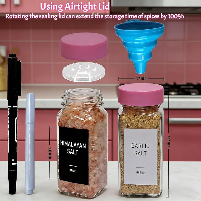 Pink Spice Jars with Labels - 24 Glass Spice with Shaker Lids & Airtight Plastic Caps - 4oz Complete Seasoning Containers Organizer Set for Cabinet, Drawer & Rack (Deeppink)