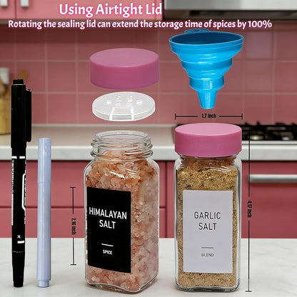 Pink Spice Jars with Labels - 24 Glass Spice with Shaker Lids & Airtight Plastic Caps - 4oz Complete Seasoning Containers Organizer Set for Cabinet, Drawer & Rack (Deeppink)